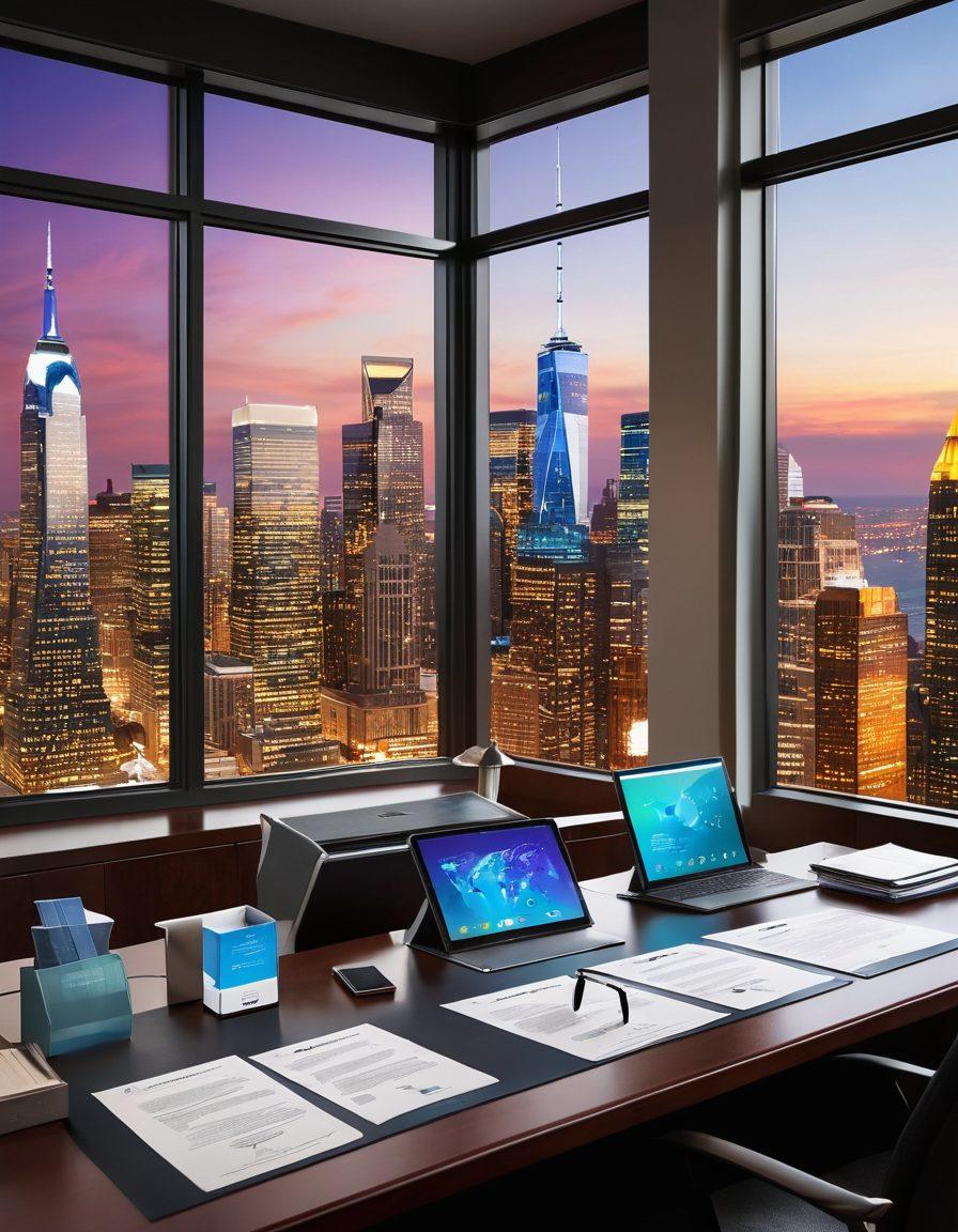 A modern law office scene, with a sleek desk cluttered with digital devices displaying electronic documents. The background features a wall with framed legal certificates and a large window showing the New Jersey skyline. A diverse group of professionals collaborates over a digital tablet, embodying innovation in legal services. Bright lighting enhances the tech ambiance and the atmosphere is dynamic yet professional. super-realistic. vibrant colors. 3D.