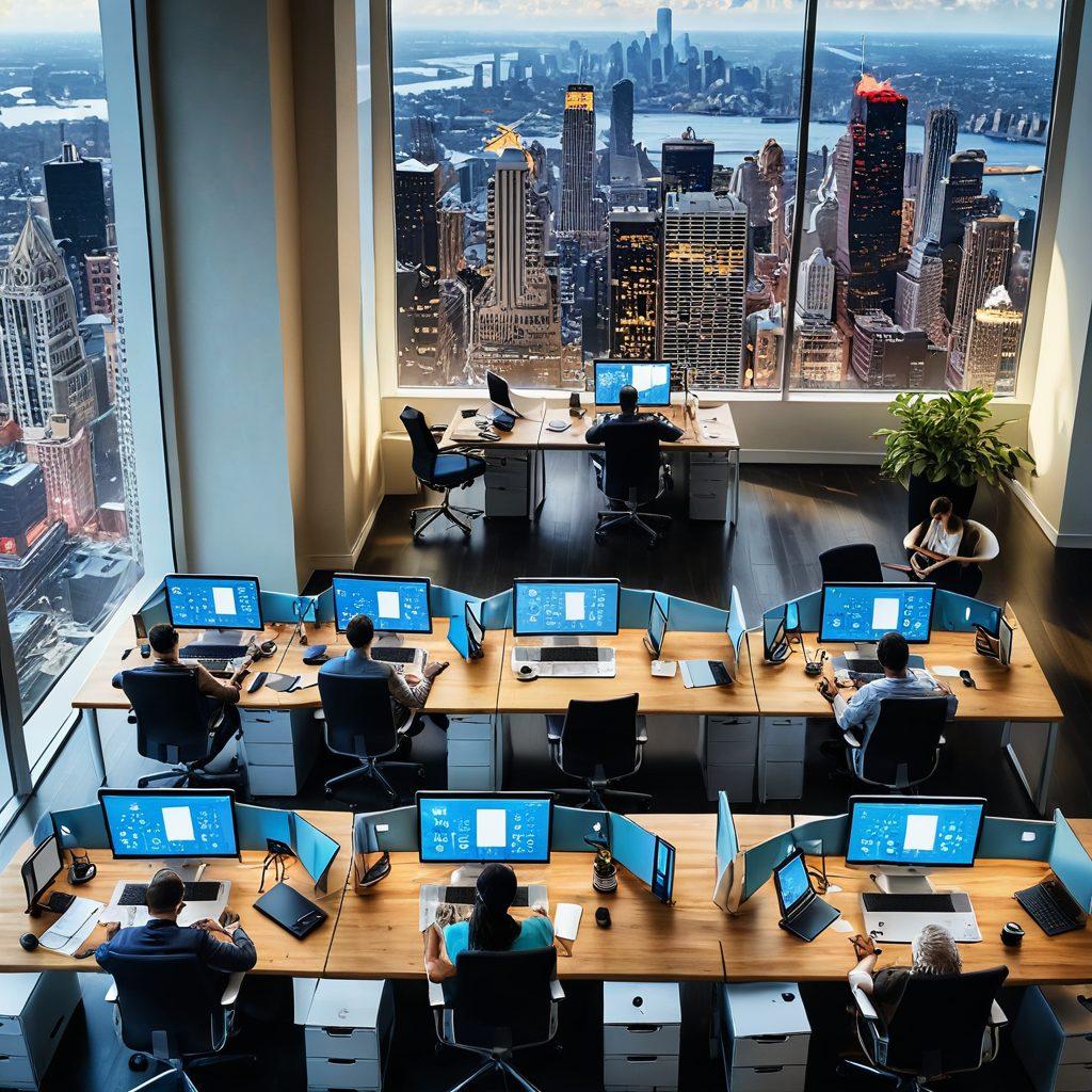 An aerial view of a modern office space in New Jersey, showcasing a diverse group of professionals collaborating over documents on laptops and tablets. Surrounding them are visual elements symbolizing digital resources, like floating icons of cloud storage and document templates. The background features New Jersey's skyline. Bright and inviting colors that convey a sense of productivity and efficiency. super-realistic. vibrant colors. 3D.