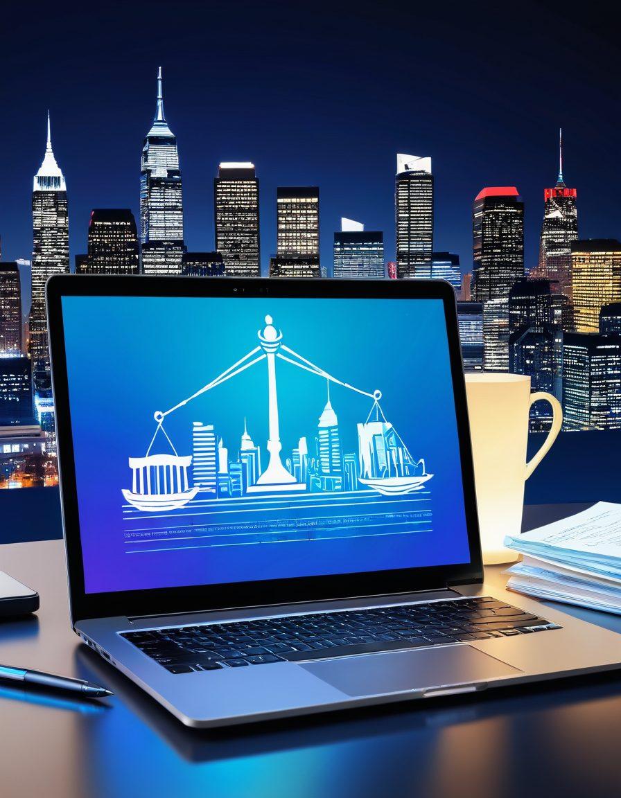 An open laptop displaying a futuristic interface with swirling digital documents and legal icons around it, symbolizing seamless document management. A backdrop of New Jersey's skyline reflects innovation and progress in legal resources. Bright colors and a dynamic flow represent online solutions. Include subtle elements of law, like a gavel or scales, intertwined within the digital theme. vibrant colors. 3D.